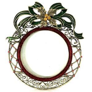Sunflower Designs Christmas Photo Frame Round 3” Photo Holly Bow Enamel